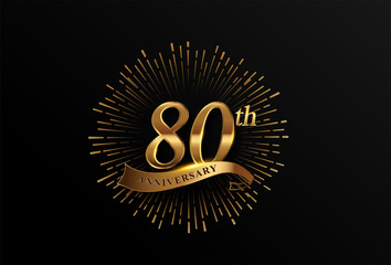 80th anniversary logotype with fireworks and golden ribbon, isolated on elegant background. vector anniversary for celebration, invitation card, and greeting card