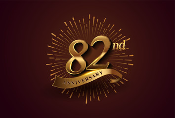 82nd anniversary logotype with fireworks and golden ribbon, isolated on elegant background. vector anniversary for celebration, invitation card, and greeting card