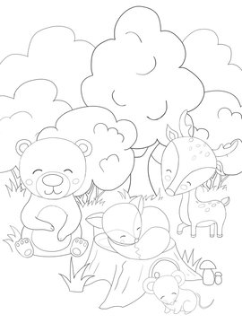 Children coloring book. Cute picture forest animals. Bear, fox, deer, mouse. Trees, stump, bush, mushrooms, grass. Big size, high quality