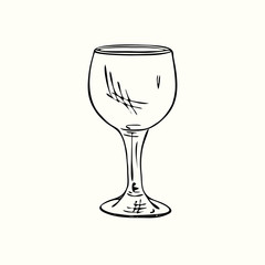 Red wine glass isolated, outline simple doodle drawing, gravure style, design element