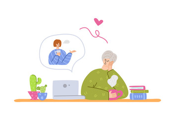 Elderly people and online communication - young adult girl calls grandparents, online chatting and video call concept, social distance isolation and connection with devices vector illustration
