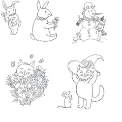 
Cat, hare and mouse. Set. Coloring. Black and white digital illustration. Cute illustration for the decor and design of posters, postcards, prints, stickers, invitations, textiles and stationery.