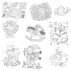 Set. Cats and koala. Coloring. Black and white digital illustration. Cute illustration for the decor and design of posters, postcards, prints, stickers, invitations, textiles and stationery.