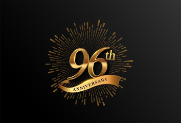 96th anniversary logotype with fireworks and golden ribbon, isolated on elegant background. vector anniversary for celebration, invitation card, and greeting card
