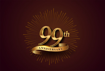 99th anniversary logotype with fireworks and golden ribbon, isolated on elegant background. vector anniversary for celebration, invitation card, and greeting card