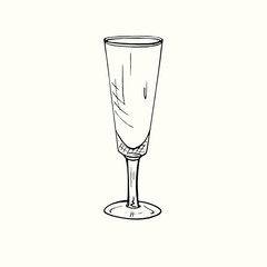 White wine glass isolated, outline simple doodle drawing, gravure style, design element