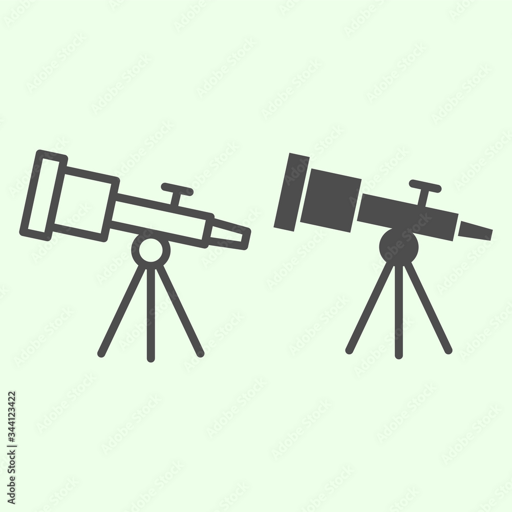Poster telescope line and solid icon. astronomy telescopes observe tool outline style pictogram on white ba