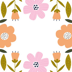 Flowers arranged in frame, place for a text, flowers, peonies, tulips and leaves vector illustration. Ideal for postcard, card, poster, flyer etc.