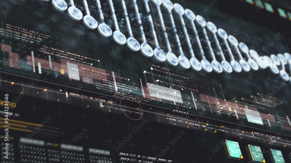 Poster Futuristic holographic advance biomedical DNA sequence analysis diagnostic head up display for background computer screen display