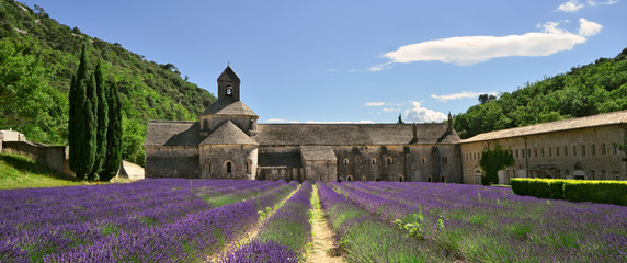 Panoramique Abbaye Notre-Dame-de-Senanque dans la lavande à Gordes (84220), département du...