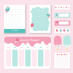 Set of cute note papers ,sticker and sticky tape. Summer collection of weekly planner and notepad. 