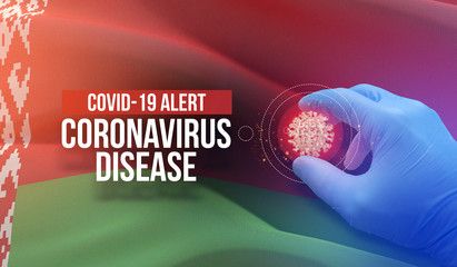 COVID-19 alert, coronavirus disease - letter typography text. Medical virus molecular concept with flag of Belarus. Pandemic 3D illustration.