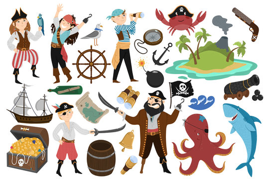 Pirate set in hand drawn style. Vector collection objects: Pirates, map, crab, anchor, binoculars, wheel, treasure, waves, bomb, octopus, cannon, island and parrot. Childish illustration.