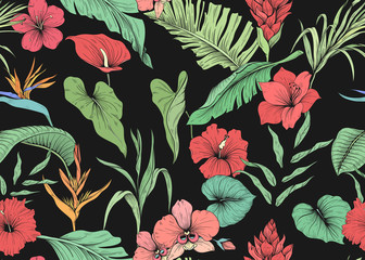  Seamless pattern with red tropical flowers and palm leaves on a dark background