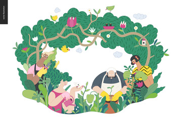 Gardening people, spring - modern flat vector concept illustration of people in the garden wearing aprons and gloves, gardening, watering, planting, cutting branches. Spring gardening concept