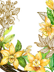 Set of Vanilla Cacao beans Flower and foliage leaves graphic style hand drawn golden watercolor sketch