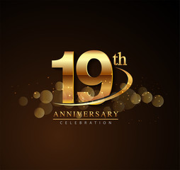 19th golden anniversary logo with swoosh and sparkle golden colored isolated on elegant background, vector design for greeting card and invitation card.