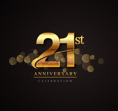 21st golden anniversary logo with swoosh and sparkle golden colored isolated on elegant background, vector design for greeting card and invitation card.