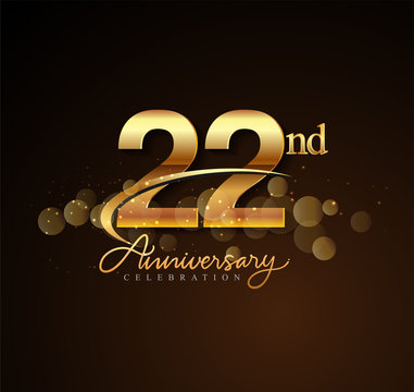 22nd golden anniversary logo with swoosh and sparkle golden colored isolated on elegant background, vector design for greeting card and invitation card.