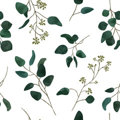 Seamless watercolor silver dollar eucalyptus repeat pattern. Floral design with branches and leaves. Elegant and beautiful, perfect for textile prints, wrapping paper printing, invites, wallpaper. - 344127800