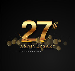 27th golden anniversary logo with swoosh and sparkle golden colored isolated on elegant background, vector design for greeting card and invitation card.