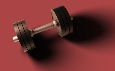 3D illustration of a dumbbell on red background - 3D rendering of a fitness object
