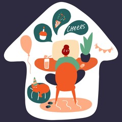 Young woman celebrates her birthday in quarantine. Remote online party, video conference, group chat. Online holiday greetings. Hand drawn flat illustration