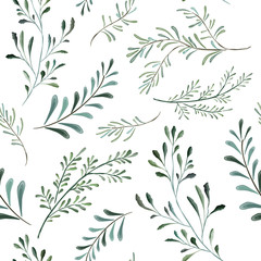 Seamless pattern. Hand painted watercolor foliage, light green leaves, herbs, plants. Elegant and beautiful, perfect for textile prints, wrapping paper printing, invites, wallpaper, packaging.