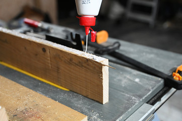 Glueing wood, carpenter workshop, wood work