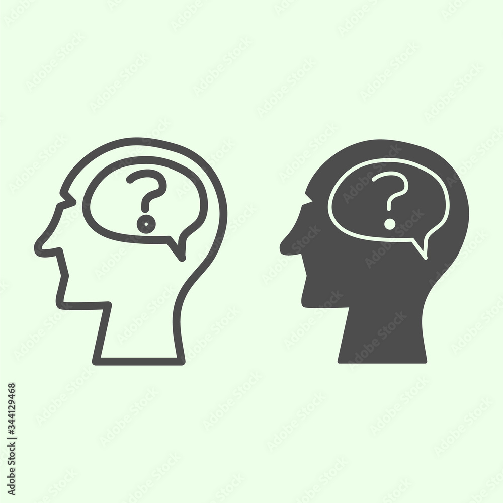 Poster idea line and solid icon. human head with idea question mark outline style pictogram on white backgr