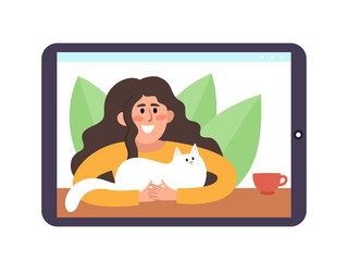 Laptops with young woman with wine communicating in video conference.