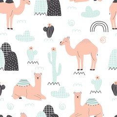 Seamless pattern with camels, cacti and mountains on a white background. Vector illustration, with an exotic animal, for printing on fabric, wrapping paper, bed linen, Wallpaper, postcard. 