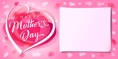 Happy Mothers day love banner with rose color heart. Mother`s Day greeting card template with calligraphy, pink hearts and paper on background. Vector illustration for Best Mom ever