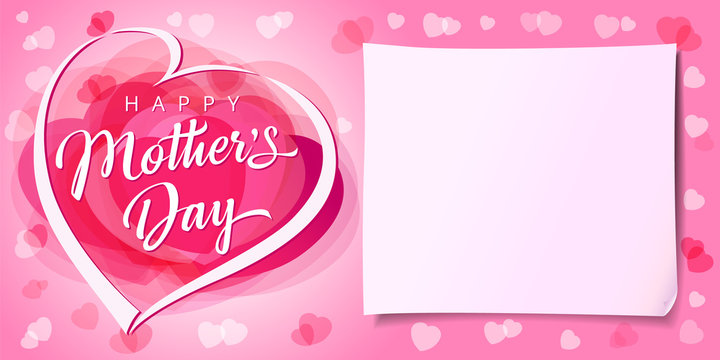 Happy Mothers day love banner with rose color heart. Mother`s Day greeting card template with calligraphy, pink hearts and paper on background. Vector illustration for Best Mom ever
