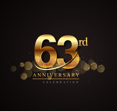 63rd Golden Anniversary Logo With Swoosh And Sparkle Golden Colored Isolated On Elegant Background, Vector Design For Greeting Card And Invitation Card.