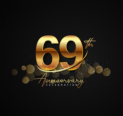 69th golden anniversary logo with swoosh and sparkle golden colored isolated on elegant background, vector design for greeting card and invitation card.