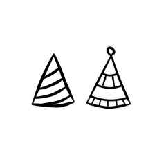 Fototapeta premium Celebrating hats with ornament isolated on white. Simple vector illustration in cartoon doodle style. Decoration for celebration happy birthday party, halloween, happy new year, Christmas anniversary