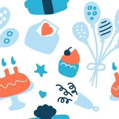 Hand-drawn birthday icon set. Celebration seamless pattern.