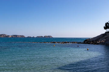 Rocks, cliffs, island and sea water during sunset from the view point cap andritxol in Camp de Mar, Majorca island, Spain