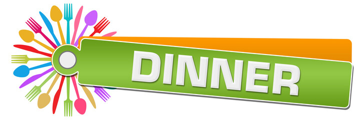Dinner Green Orange Colorful Spoon Fork Knife Circular Label 