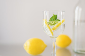 Cocktail with sparkling mineral water, lemon and mint. Detox drink. Healthy drink