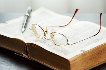Book, Glasses, Spectacles, Pen, Table.