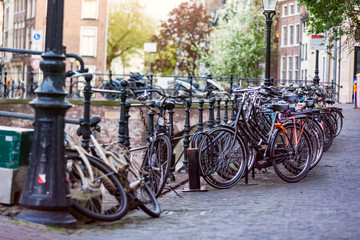 Bikes in the center of Utrecht near the canals of de oudegracht