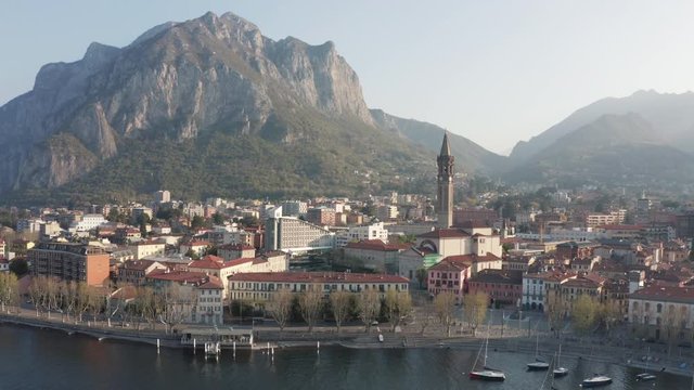 Drone View of Lecco, on Lake Como, at Sunrise