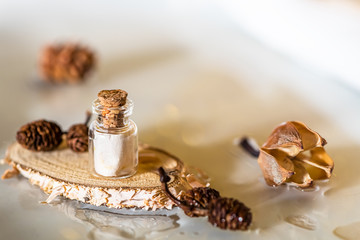 autumn composition. a bottle with letter. cones, water.