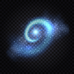 Blue magic light swirl. Abstract glowing spiral wave with light effect and stardust shiny sparkles on transparent background. Vector illustration