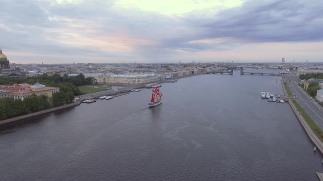 Fantastic Alye Parusa - Scarlet Sails ship run through in St. Petersburg: aerial view Neva River