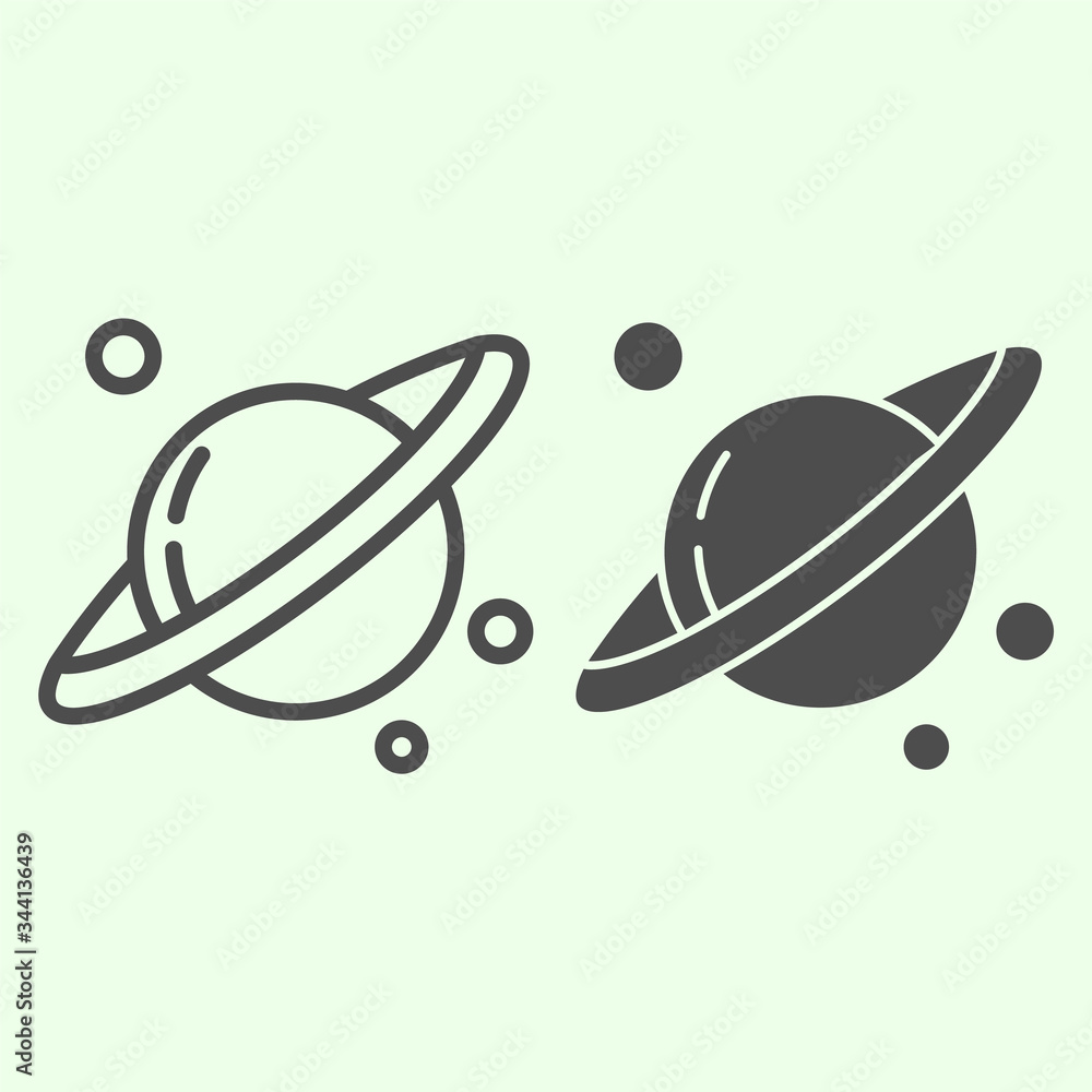 Poster space and planets line and solid icon. planet saturn with solar planetary ring system outline style 
