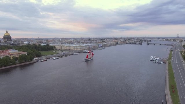 Fantastic Alye Parusa - Scarlet Sails ship run through in St. Petersburg: aerial view Neva River