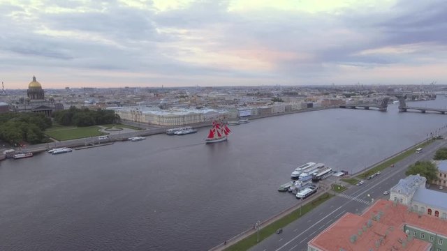 Fantastic Alye Parusa - Scarlet Sails ship run through in St. Petersburg: aerial view Neva River